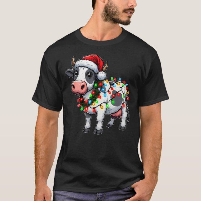 Camiseta Merry Christmas Cow Santa Christmas Lights Cow Xma (Frente)