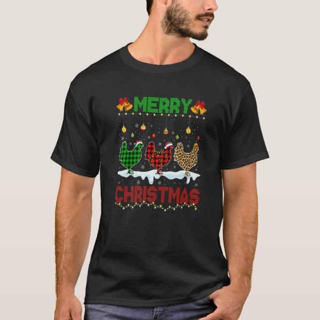 Camiseta Merry Christmas Cute Chicken Xmas Leopard Plaid Sa (Frente)