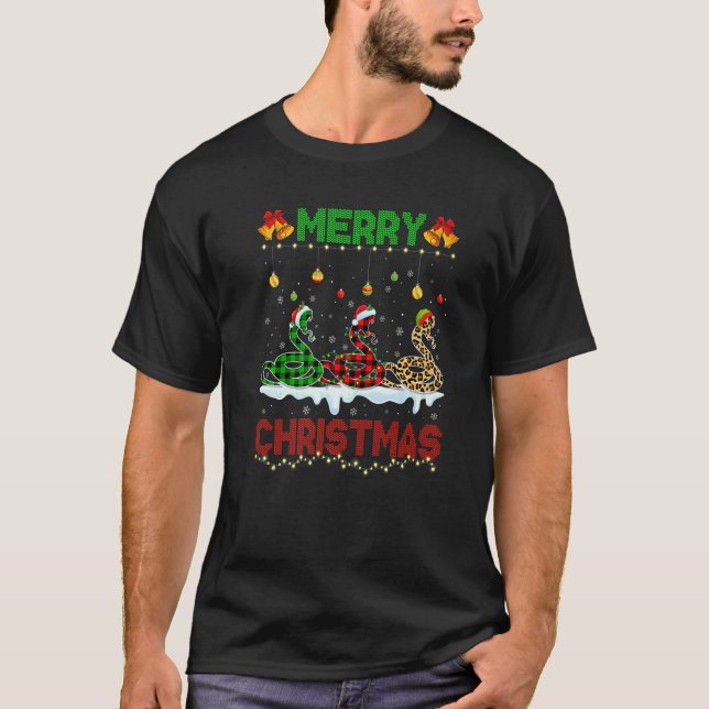 Camiseta Merry Christmas Cute Snake Xmas Leopard Plaid Sant (Frente)