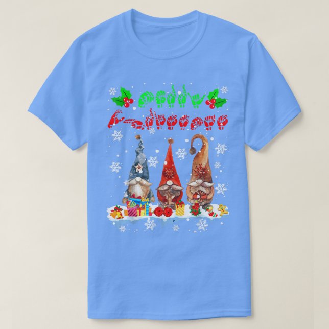 Camiseta Merry Christmas Cute Three Gnomes ASL Sign Languag (Frente do Design)