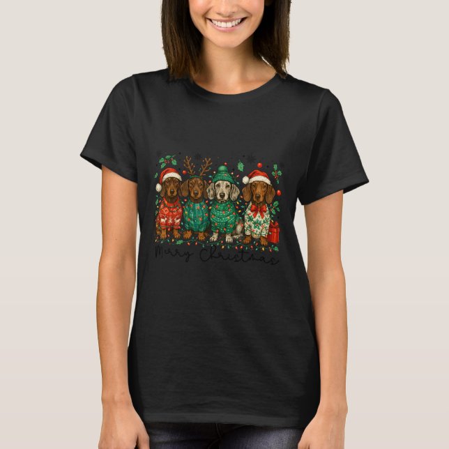 Camiseta Merry Christmas Dachshund Dog Retro Xmas Puppy Men (Frente)