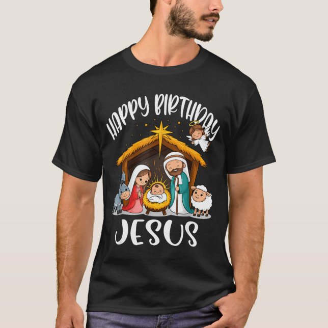 Camiseta Merry Christmas Family Kid Nativity Happy Birthday (Frente)