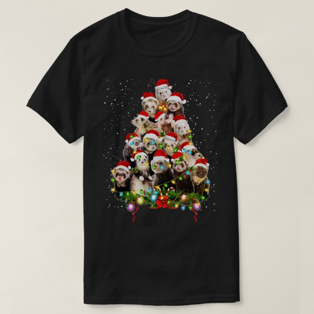 Camiseta Merry Christmas Ferret Enfeites de natal Tree San (Frente do Design)