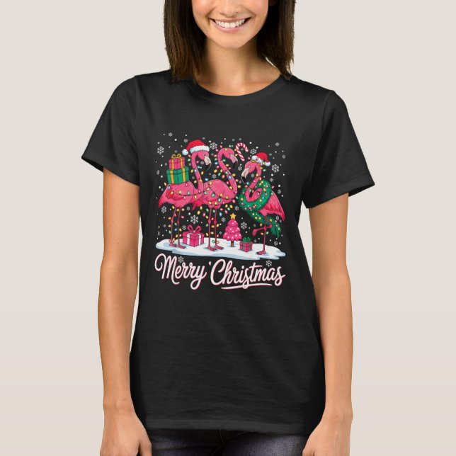 Camiseta Merry Christmas Flamingo Lights Santa Hat Snow Xma (Frente)
