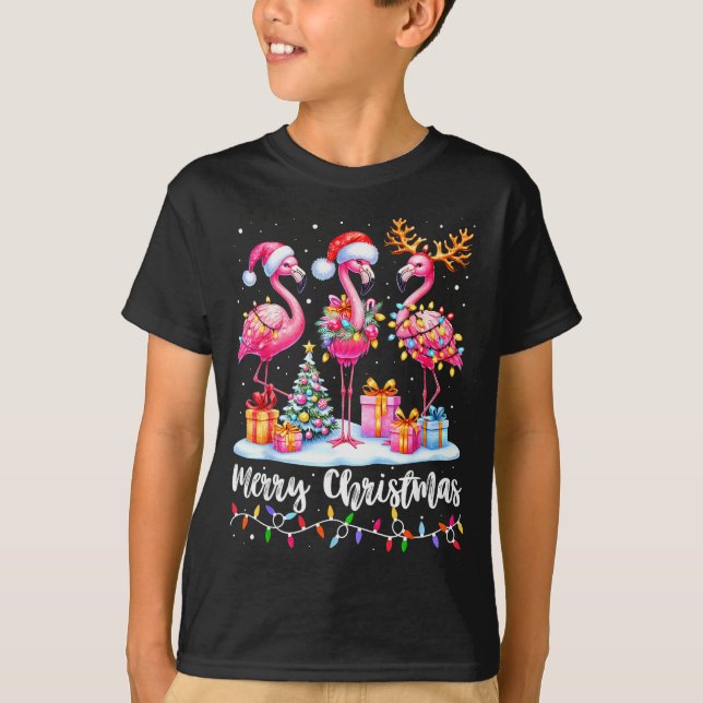Camiseta Merry Christmas Flamingo Santa Hat Xmas Pajamas Ho (Frente)