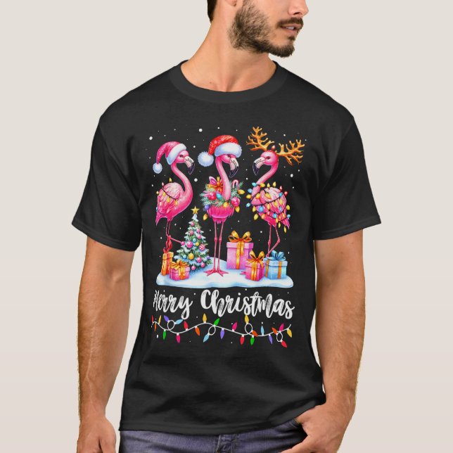 Camiseta Merry Christmas Flamingo Santa Hat Xmas Pajamas Ho (Frente)