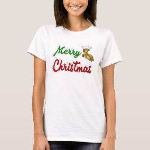 Camiseta Merry Christmas Flying Reindeer red green script