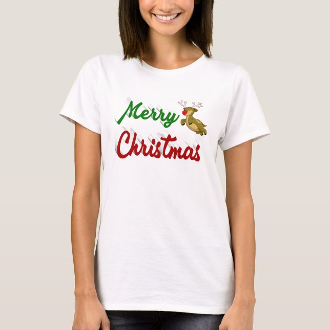 Camiseta Merry Christmas Flying Reindeer red green script (Frente)