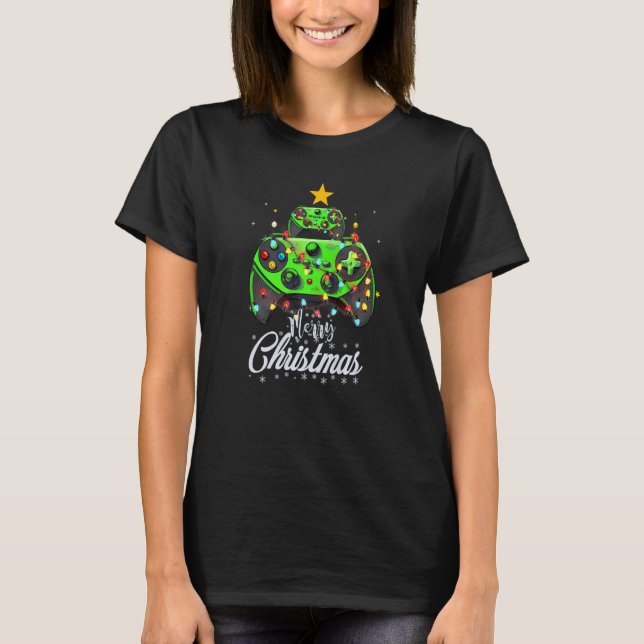 Camiseta Merry Christmas Game Controller Tree Kid Adult Lig (Frente)