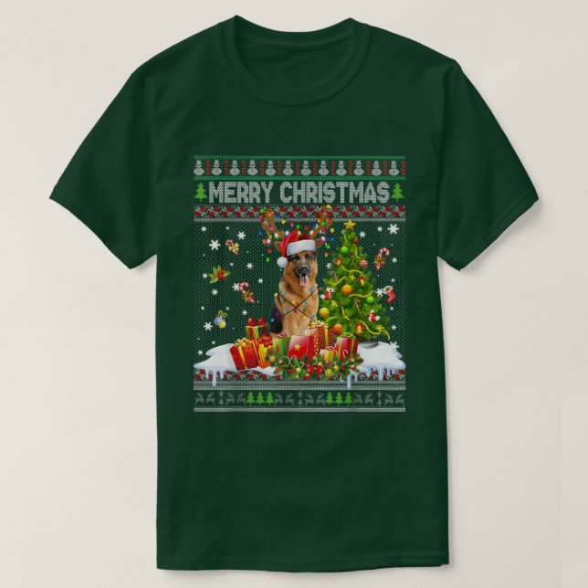 Camiseta Merry Christmas German Shepherd Santa Xmas Light U (Frente do Design)
