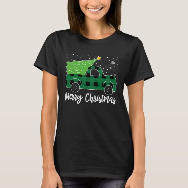 Camiseta Merry Christmas Green Buffalo Plaid Truck Tree Men (Frente)