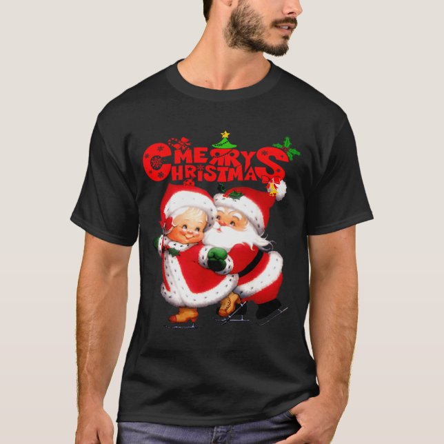 Camiseta Merry Christmas - Happy Cute Mrs Claus And Mr Clau (Frente)
