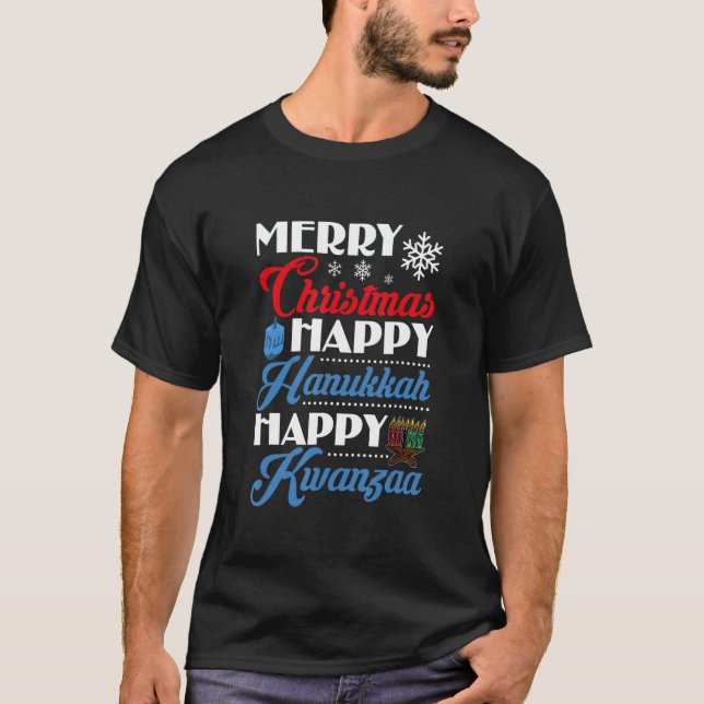 Camiseta Merry Christmas Happy Hanukkah Happy Kwanzaa (Frente)