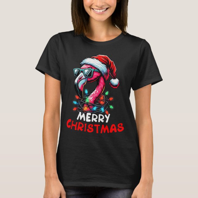 Camiseta Merry Christmas Hat Santa Flamingo Christmas Light (Frente)