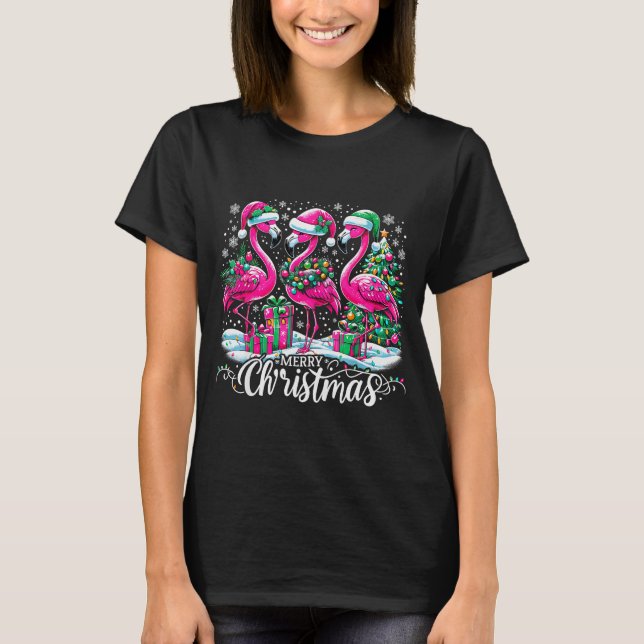Camiseta Merry Christmas Hat Santa Flamingo Light Christmas (Frente)