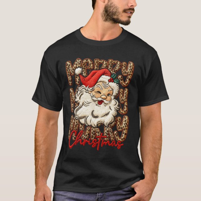 Camiseta Merry Christmas Leopard Santa Hat Cheetah Xmas Paj (Frente)