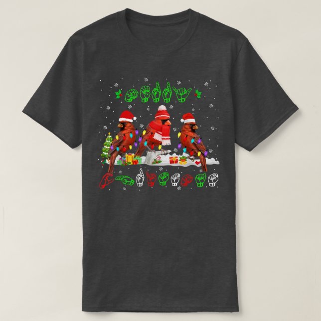 Camiseta Merry Christmas Lights Cardinal Bird ASL Sign Lang (Frente do Design)