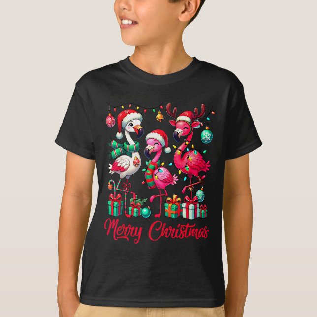 Camiseta Merry Christmas Lights Flamingo Santa Hat Snow Xma (Frente)