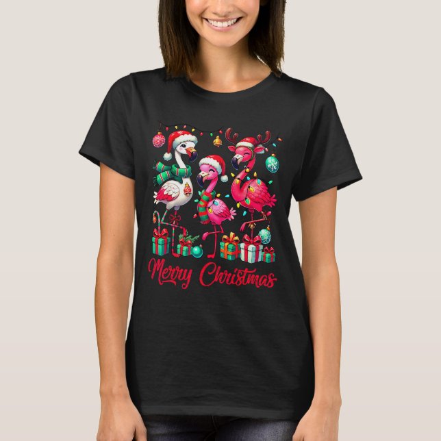 Camiseta Merry Christmas Lights Flamingo Santa Hat Snow Xma (Frente)