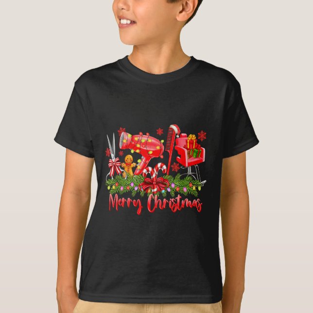 Camiseta Merry Christmas Lights Hairstylist Tool Hairdresse (Frente)