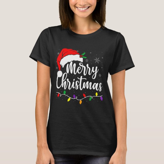Camiseta Merry Christmas Lights Red Santa Hat Xmas Family M (Frente)