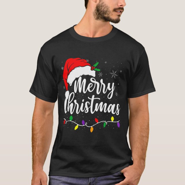 Camiseta Merry Christmas Lights Red Santa Hat Xmas Family M (Frente)