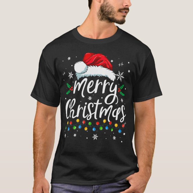 Camiseta Merry Christmas Lights Red Santa Hat Xmas Family M (Frente)