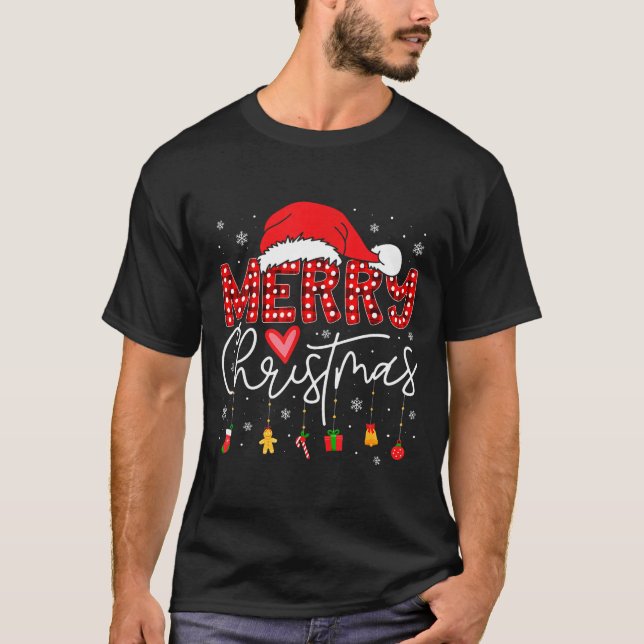 Camiseta Merry Christmas Lights Red Santa Hat Xmas Family M (Frente)