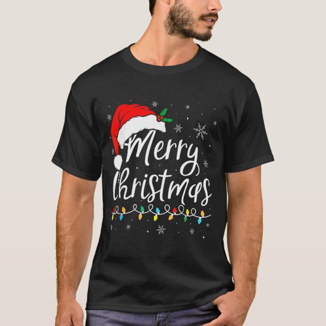 Camiseta Merry Christmas Lights Santa Hat Xmas Family Match (Frente)