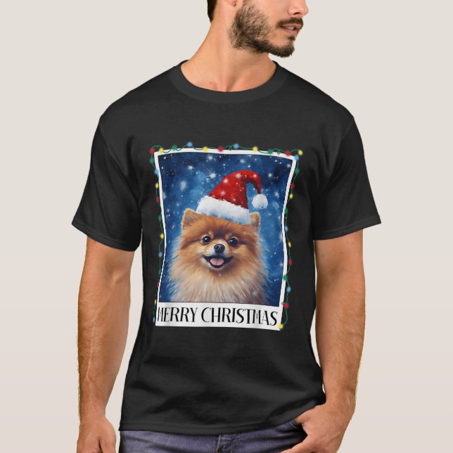 Camiseta Merry Christmas Meranian Santa Hat Xmas Dog Lights (Frente)