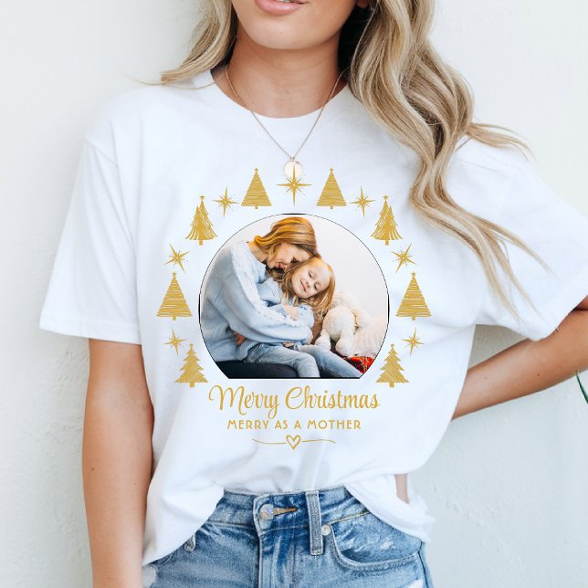 Camiseta Merry Christmas Merry As A Mother White Gold Photo (Criador carregado)