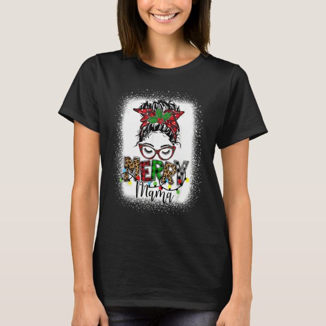 Camiseta Merry Christmas Messy Bun Woman Leopard Happy Xmas (Frente)