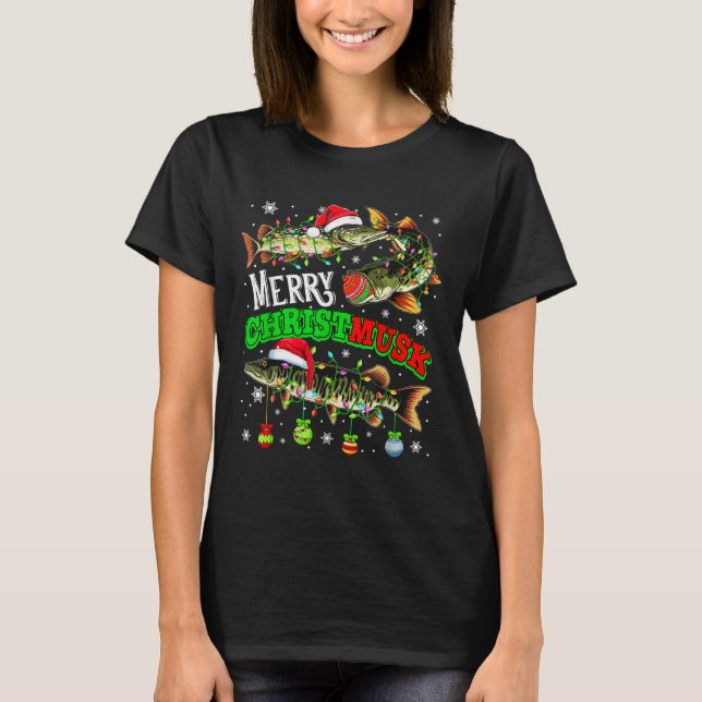 Camiseta Merry Christmas Musky Three Santa Muskies Fisher F (Frente)