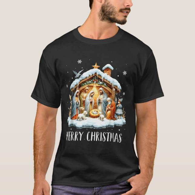 Camiseta Merry Christmas Nativity Scene North Star Baby Jes (Frente)