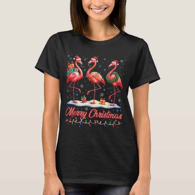 Camiseta Merry Christmas Nk Flamingo Santa Xmas Womens Mens (Frente)