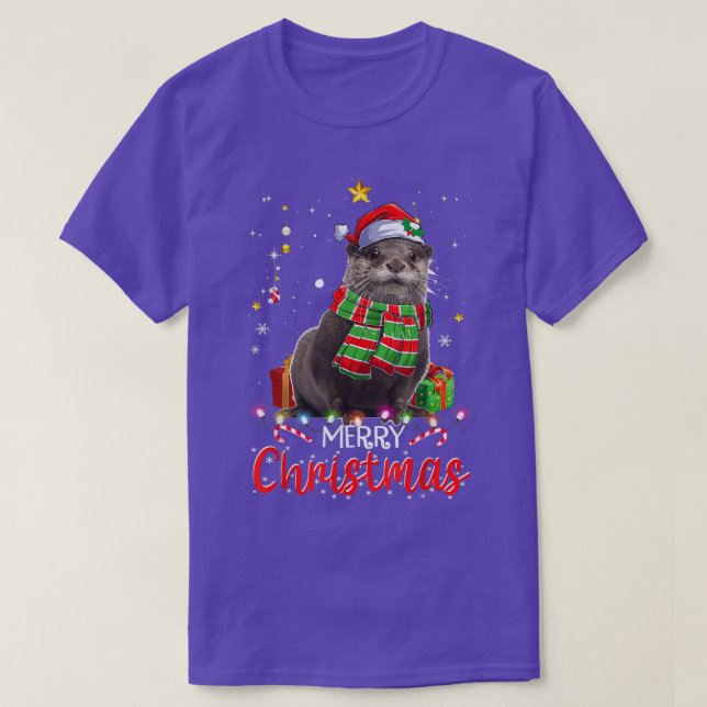 Camiseta Merry Christmas Otter Santa Hat Tree Lights Pajama (Frente do Design)