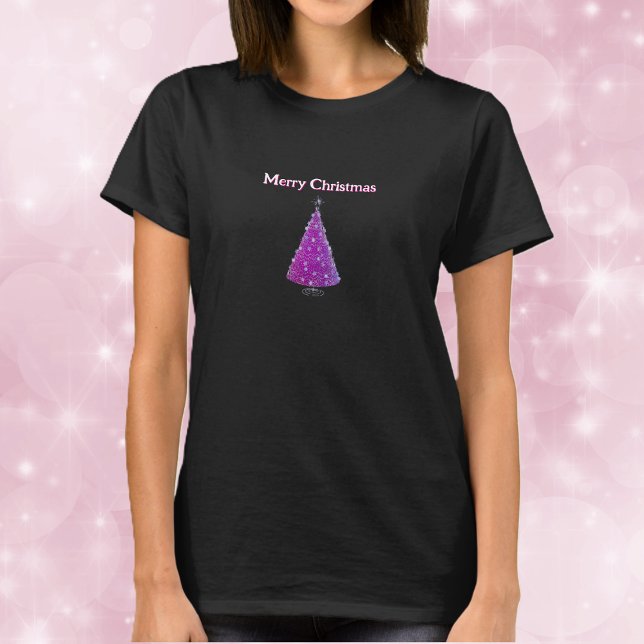 Camiseta Merry Christmas Pink Silver Sparkle Like Tree (Pink Christmas tree silver sparkle decorations on womans holiday tee shirt.)