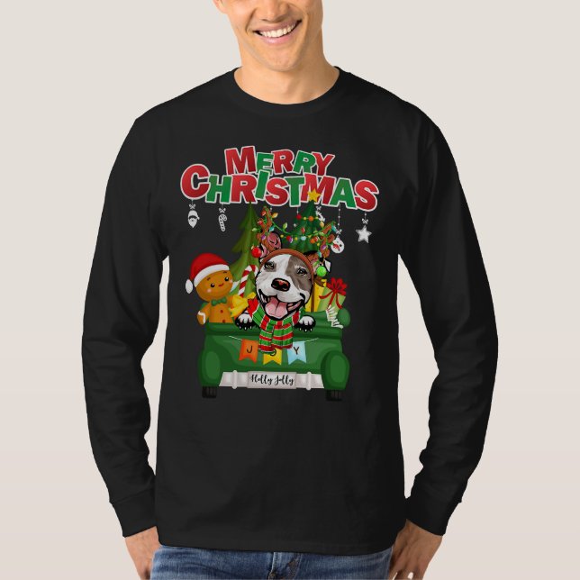 Camiseta Merry Christmas Pit Bull Dog Reindeer (Frente)