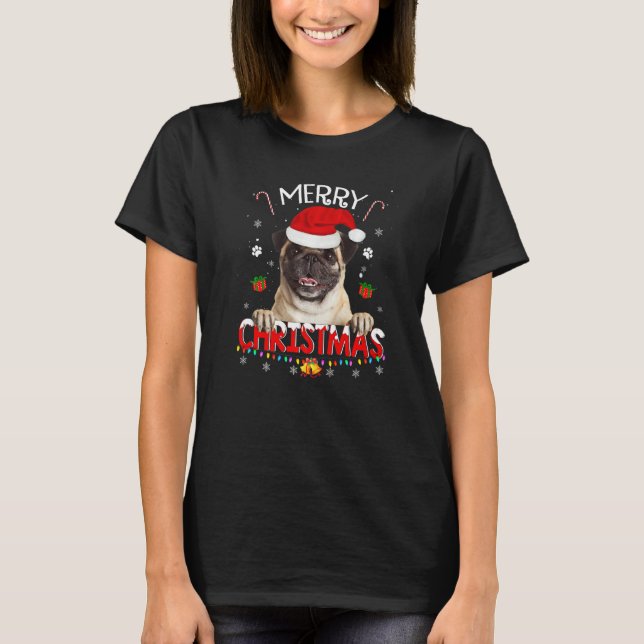 Camiseta Merry Christmas Pug Dog Santa Hat Lights Xmas Paja (Frente)
