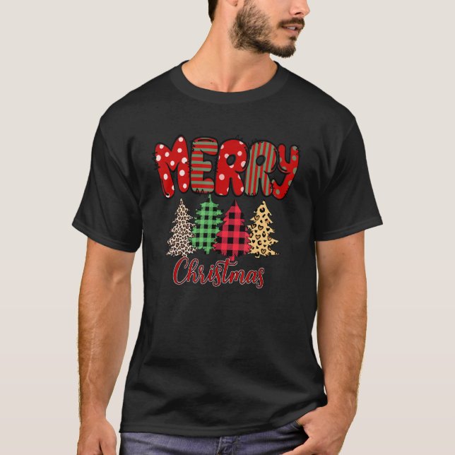Camiseta Merry Christmas Red Plaid Leopard Xmas Tree Christ (Frente)