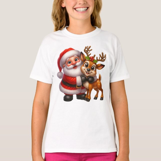Camiseta Merry Christmas Santa and Deer T-shirt (Frente)