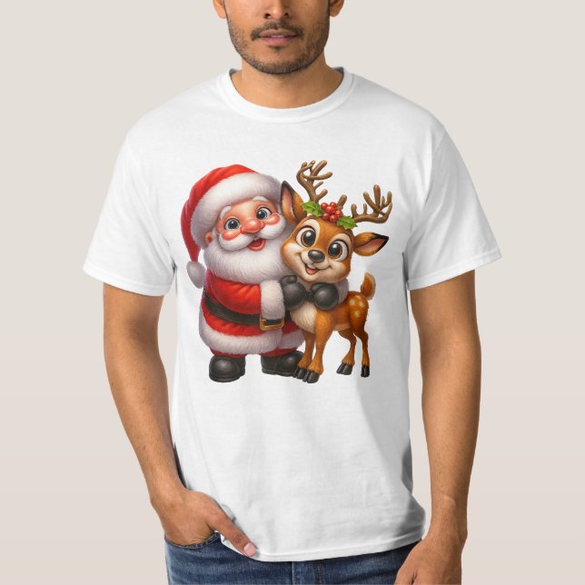 Camiseta Merry Christmas Santa and Deer T-shirt (Frente)