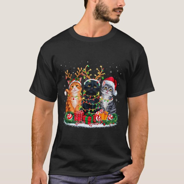 Camiseta Merry Christmas Santa Cat Light Gorgeous Reindeer  (Frente)