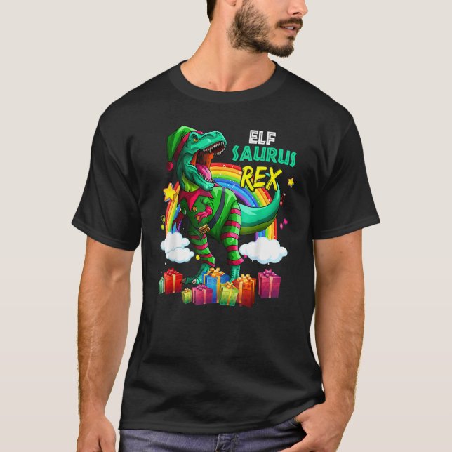 Camiseta Merry Christmas Santa Rainbow Elf Saurus Rex (Frente)