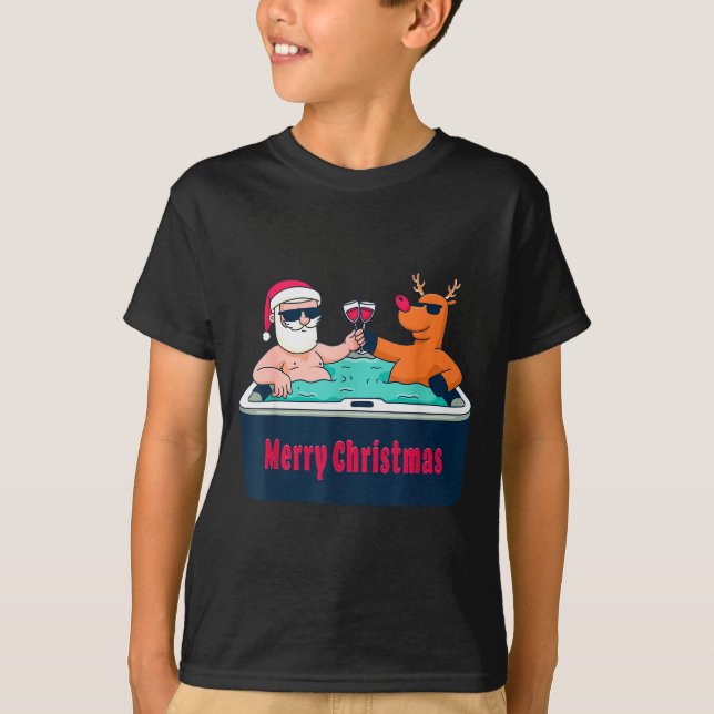 Camiseta Merry Christmas Santa Reindeer Hot Tub Spa Wine  (Frente)