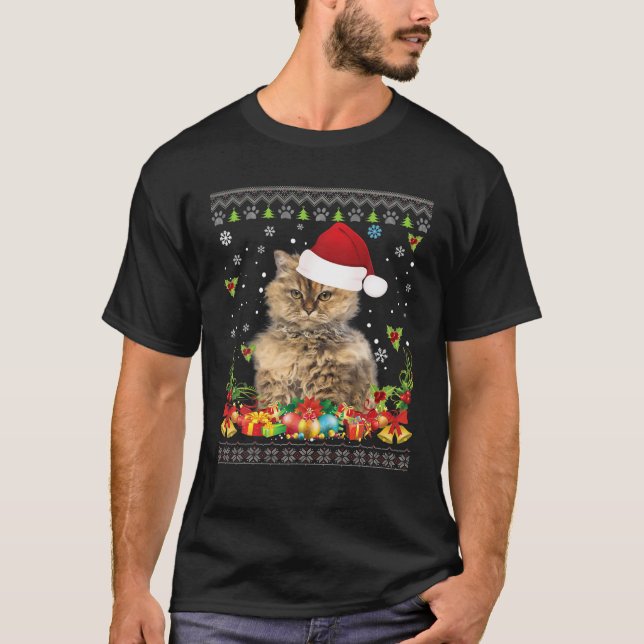 Camiseta Merry Christmas Selkirk Rex Cat Ugly Sweater Santa (Frente)
