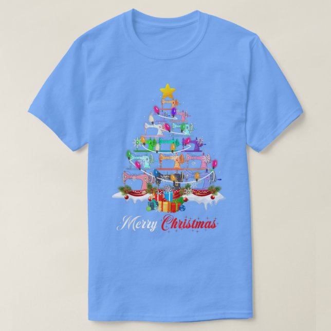 Camiseta Merry Christmas Sewing Machines Xmas Tree Lights Q (Frente do Design)