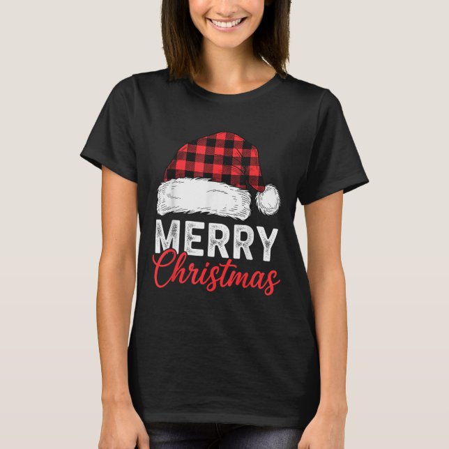 Camiseta Merry Christmas Shirt Santa Hat Buffalo Plaid Men  (Frente)