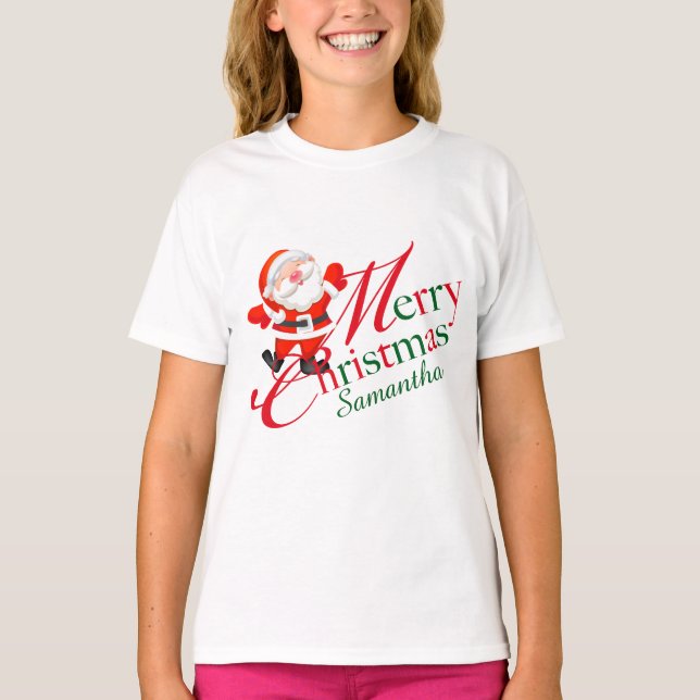 Camiseta Merry Christmas Signature Name Red Green Santa (Frente)