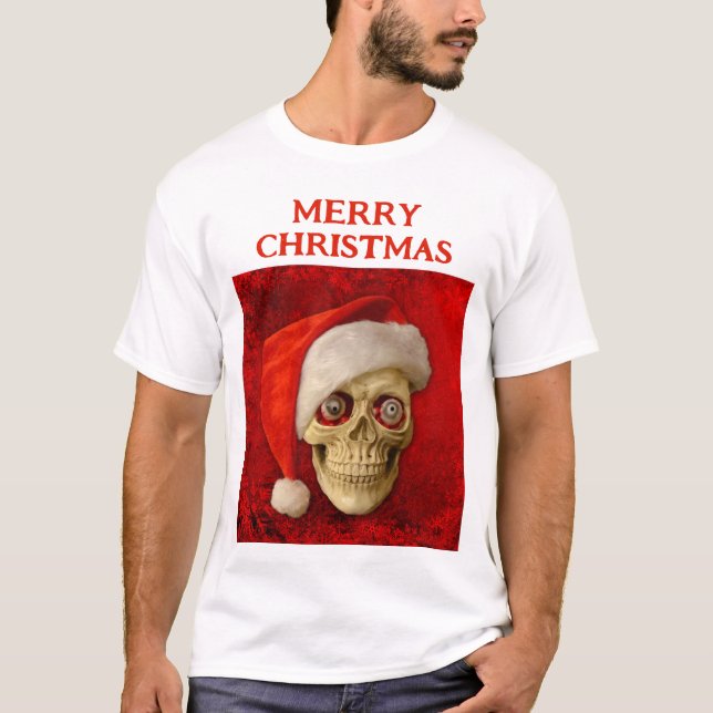 Camiseta Merry Christmas. Skull wearing Santa hat (Frente)
